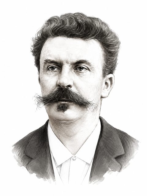 Portrait dessiné de Guy de Maupassant, d'après une photographie de Nadar, vers 1888.